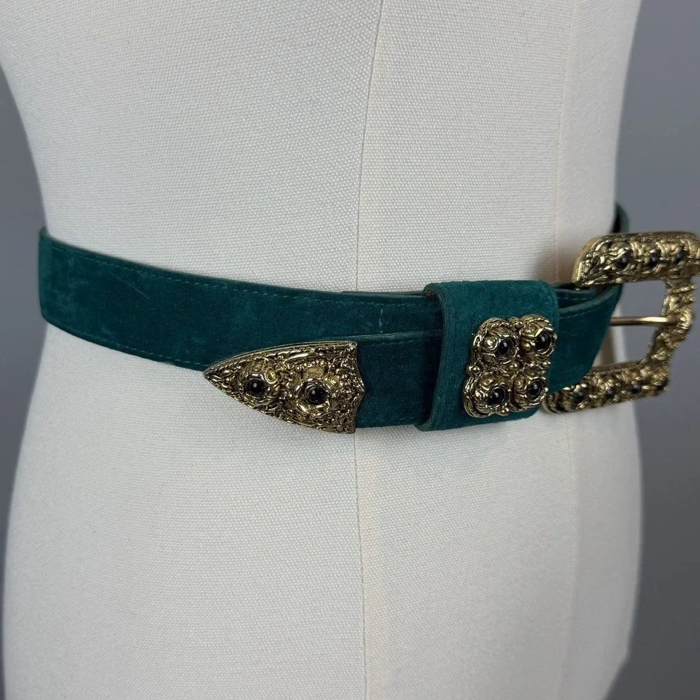 Kandell & Marcus Green Leather Belt Gold Tone Buckle Size Small USA Vtg